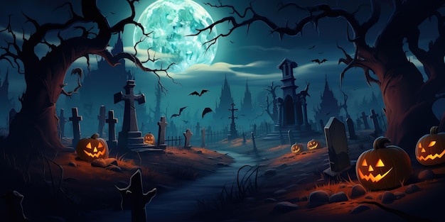 Papier peint d'Halloween avec un cimetière la nuit