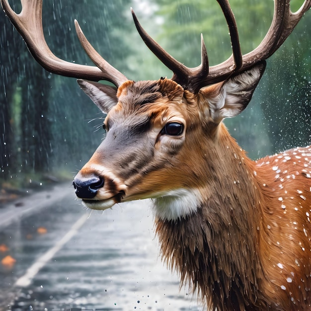 Papier peint à l'huile de cerf sous la pluie Beau papier peint de cerf