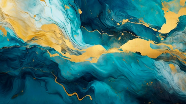 Papier peint marbré élégant tourbillonne dans de belles couleurs bleu sarcelle et bleu avec de la poudre d'or IA générative