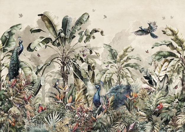 Papier peint à motif de feuille de bananier tropical avec des oiseaux de paon Avec un vieux fond beige