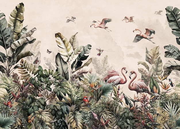 Papier peint à motif de feuilles de bananier tropical avec des oiseaux flamants roses Avec un fond rose