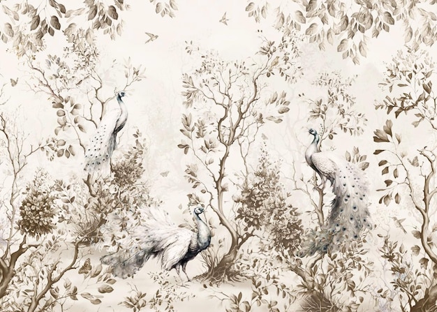 Papier peint à motif avec fond de paon blanc avec des plantes d'arbres et des oiseaux dans un vintage