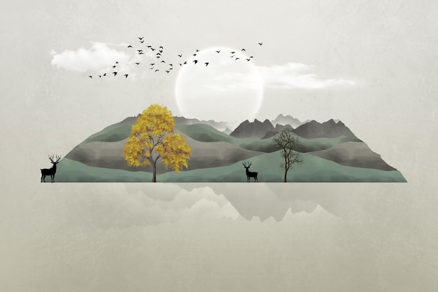 Papier peint mural d'art de paysage moderne 3d avec des arbres de Noël, des cerfs, la lune, des nuages et des montagnes