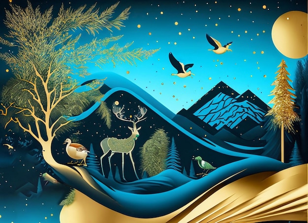 papier peint mural bleu foncé de l'époque contemporaine Sapin de Noël montagne chers oiseaux