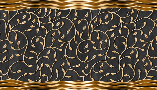 Papier peint mural moderne 3d feuilles d'or branches et vagues dorées sur fond de bois noir