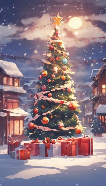 Papier peint de Noël confortable et relaxant avec arbre de Noël et illustration de décoration de boîte à cadeaux