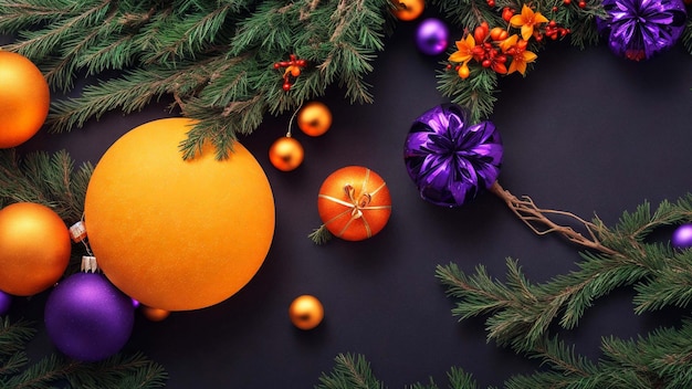 Photo papier peint de noël et de nouvel an avec une branche de sapin et une couleur violette et orange