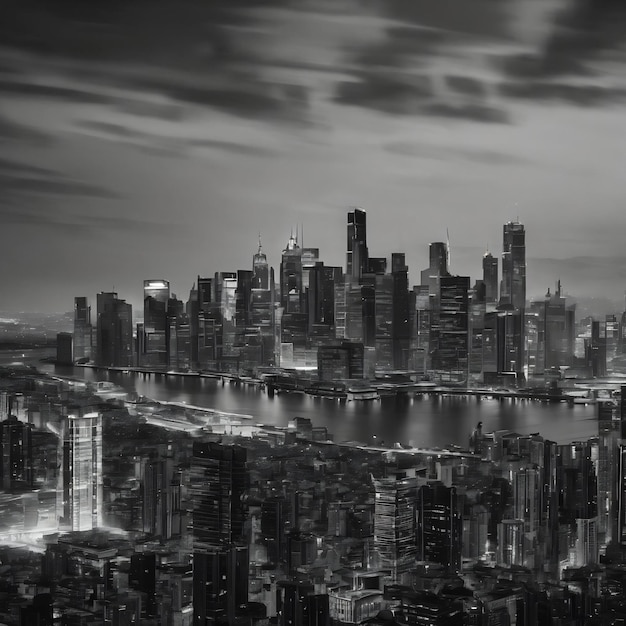 Papier peint noir et blanc avec une image noir et blanc d'un paysage urbain