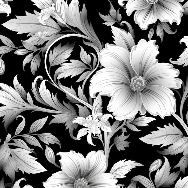 Un papier peint noir et blanc avec un motif floral.