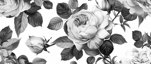 papier peint noir et blanc vintage de roses et de feuilles