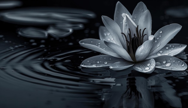 papier peint noir fleur de lotus avec des gouttes d'eau sur fond noir noir et blanc