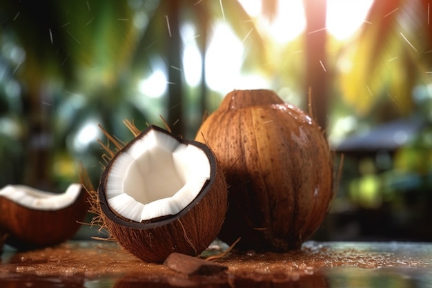 Un papier peint noix de coco et noix de coco fraîche à moitié coupée