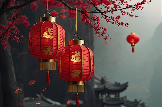 papier peint d'ornement rouge du Nouvel An chinois avec des lanternes rouges