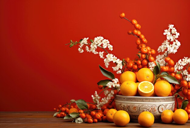 papier peint d'ornement rouge du Nouvel An chinois avec des oranges, des fruits et des fleurs