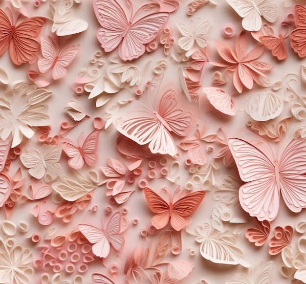 un papier peint à papillon rose et blanc avec des papillons et des fleurs.