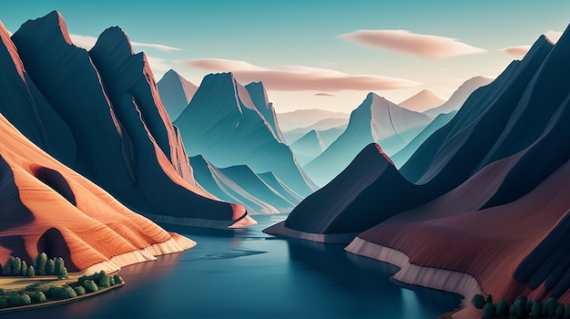 Un papier peint avec un paysage abstrait surréaliste de montagnes et de rivières