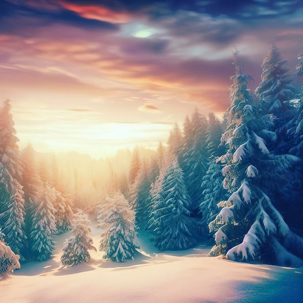 Papier peint de paysage d'hiver avec une forêt de pins couverte de neige et un ciel pittoresque au coucher du soleil