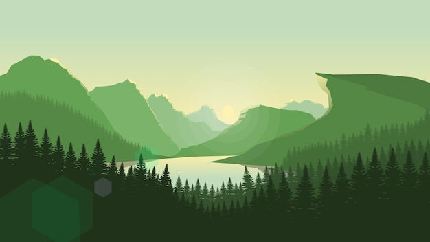 Papier peint de paysage de montagne vert dans un style de conception plat minimaliste