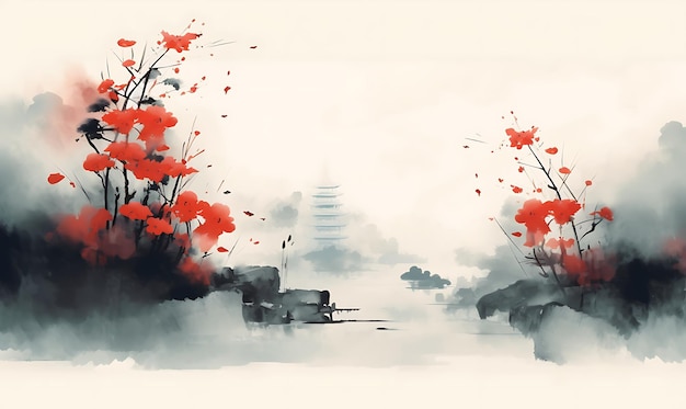 Papier peint paysager de fleurs chinoises dans le style des terres minimalistes Nature paisible et impressionnante