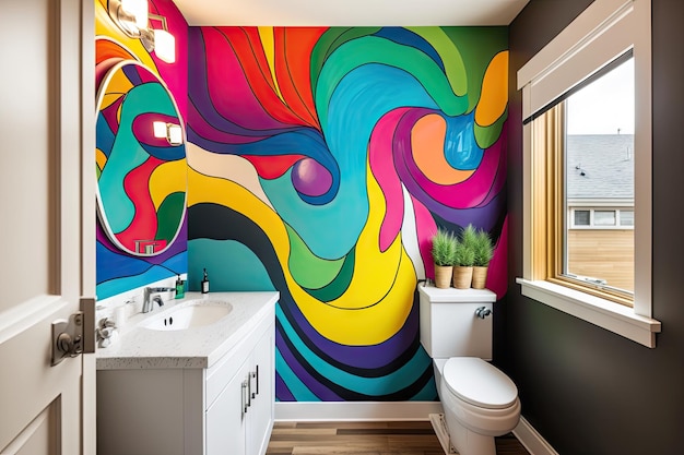 Un papier peint personnalisé au design fun et coloré dans une salle de bain d'appartement