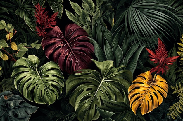 Photo un papier peint de plantes tropicales sur un fond noir