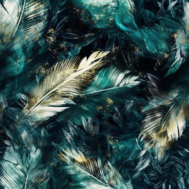 Papier peint avec des plumes bleues et dorées