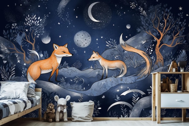 Un papier peint avec un renard et une lune dessus