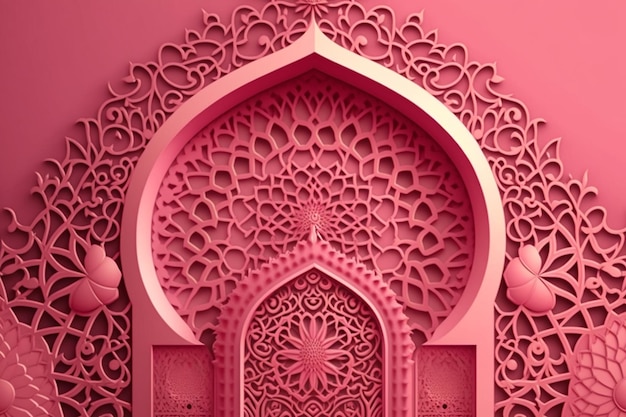 Papier peint rose avec une porte et un texte arabe.