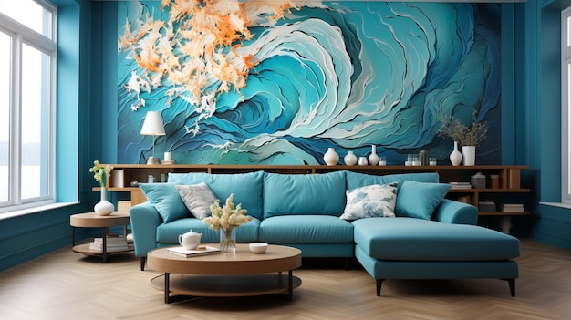 Papier peint d'un salon luxueux avec des décorations bleues et marine