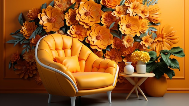 Papier peint d'un salon luxueux avec de l'orange et des fleurs