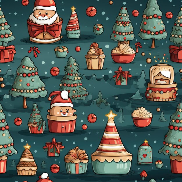 Papier peint sans fin sans couture de la nouvelle année et de Noël thèmes minimalisme étincelles arbres hommes de neige flocons de neige cadeaux Père Noël et feux d'artifice