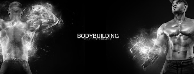 Papier peint sportif et concept de motivation Forte culturiste athlétique au gymnase sur fond noir Poste publicitaire de nutrition fitness et culturisme