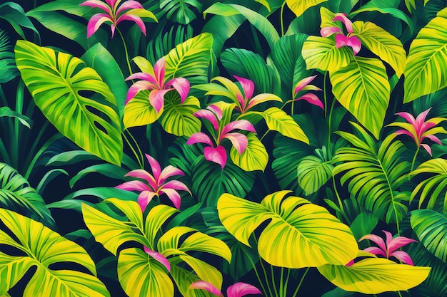 Un papier peint tropical avec une plante tropicale et des fleurs.