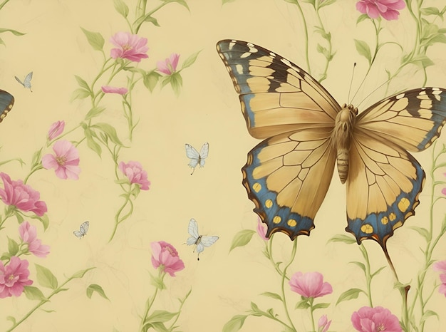 Un papier peint vieilli vieilli avec un délicat papillon perché au sommet