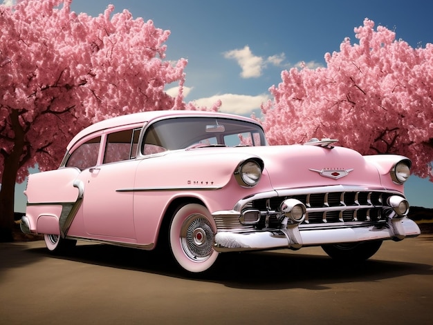 Papier peint voiture classique rose