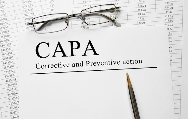 Papier avec des plans d'action CAPA correctifs et préventifs sur une table