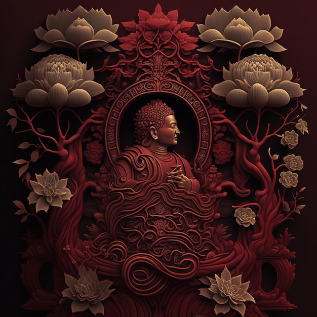 Un papier rouge avec un bouddha au milieu.