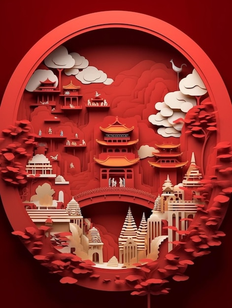 Un papier rouge découpé d'une ville chinoise avec un pont au milieu.