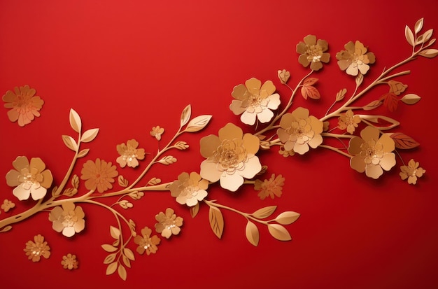 le papier rouge avec des fleurs dorées est placé sur un fond rouge