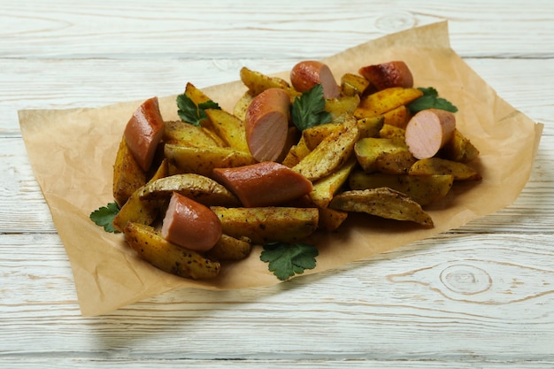 Papier sulfurisé avec des quartiers de pommes de terre et des saucisses frites sur bois