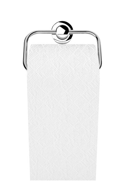 Papier toilette sur support chromé sur fond blanc