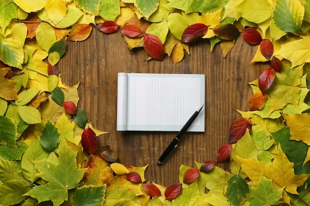 Papier vide sur fond de feuilles d'automne et stylo