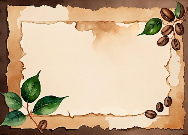 Papier vintage avec grains de café aquarelle et feuilles ambiance rétro