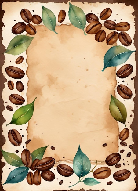 Photo papier vintage avec grains de café aquarelle et feuilles ambiance rétro
