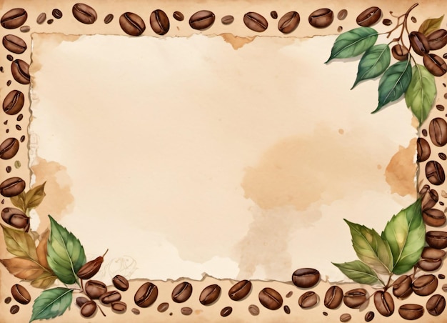 Papier vintage avec grains de café aquarelle et feuilles ambiance rétro