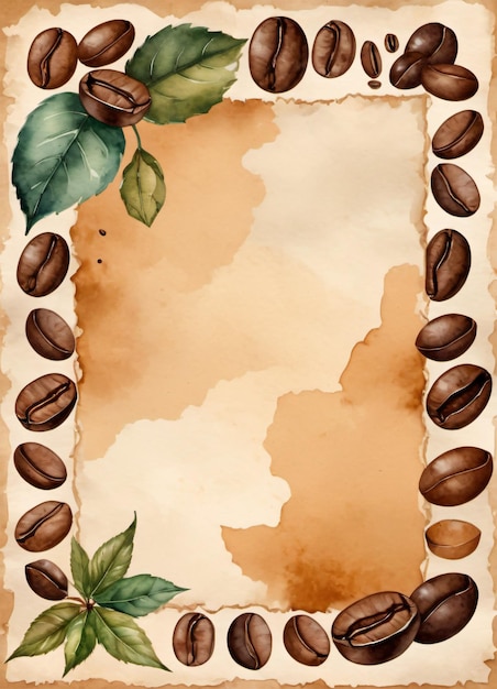 Papier vintage avec grains de café aquarelle et feuilles ambiance rétro