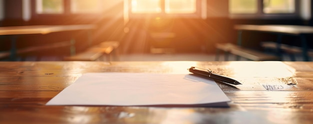 Des papiers blancs avec un stylo sur la table à l'école