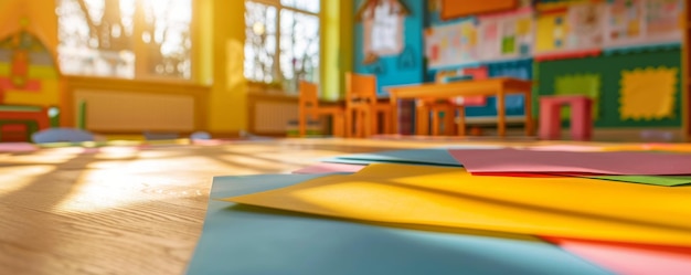 Des papiers de couleur sur la table à la maternelle.