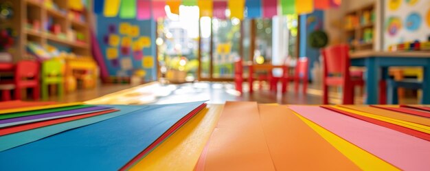 Des papiers de couleur sur la table à la maternelle.