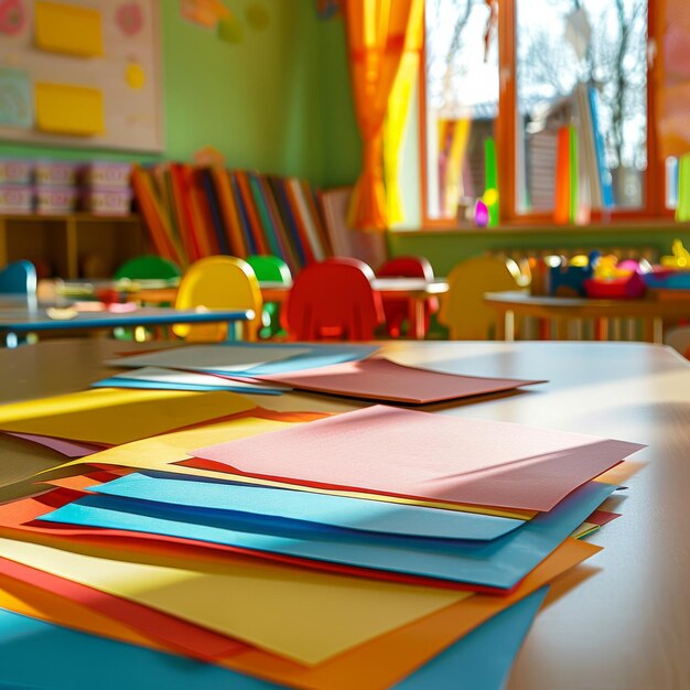 Photo des papiers de couleur sur la table à la maternelle.